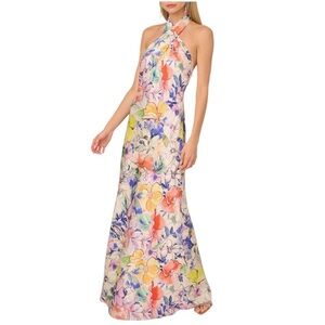 Adrianna Pappel Floral Print Satin Halter Gown Maxi Evening Party Cocktail Dress
